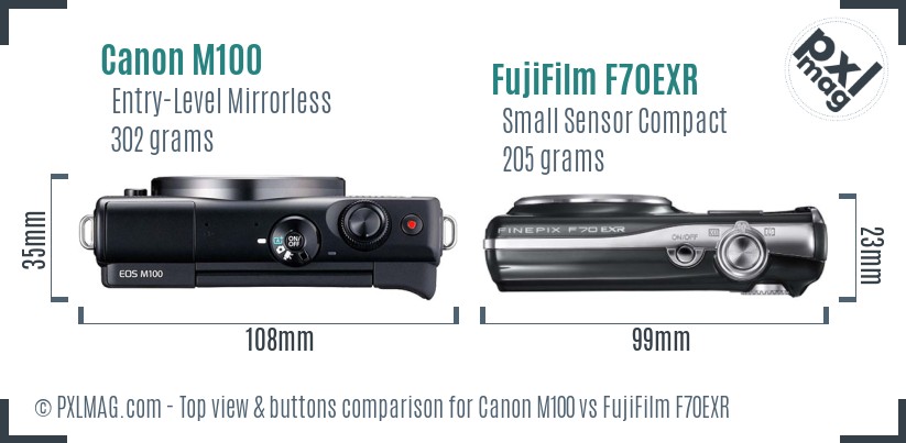 Canon M100 vs FujiFilm F70EXR top view buttons comparison