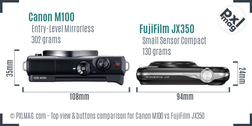 Canon M100 vs FujiFilm JX350 top view buttons comparison