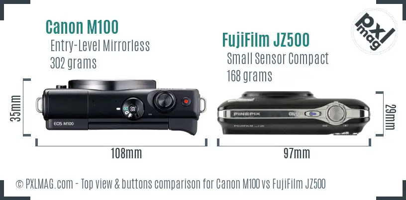 Canon M100 vs FujiFilm JZ500 top view buttons comparison