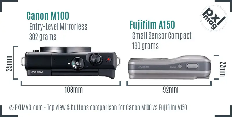 Canon M100 vs Fujifilm A150 top view buttons comparison