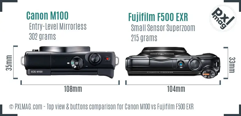 Canon M100 vs Fujifilm F500 EXR top view buttons comparison