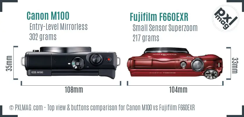 Canon M100 vs Fujifilm F660EXR top view buttons comparison