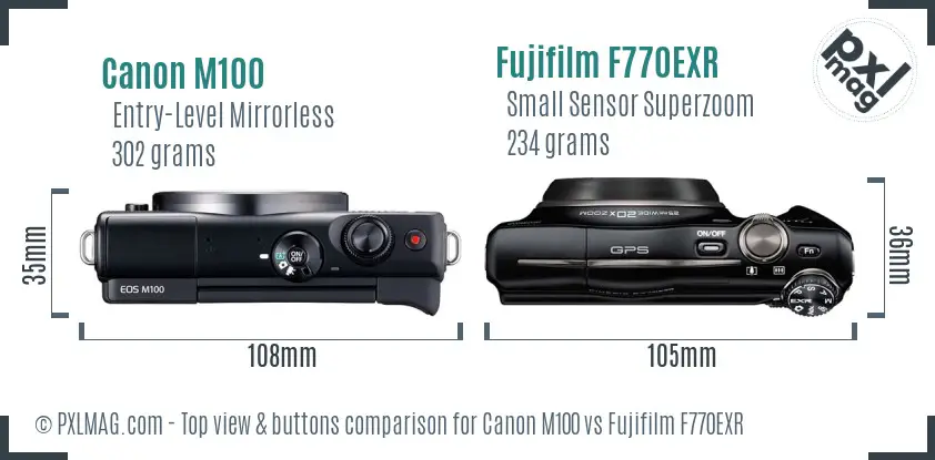 Canon M100 vs Fujifilm F770EXR top view buttons comparison