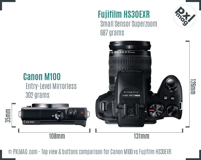 Canon M100 vs Fujifilm HS30EXR top view buttons comparison