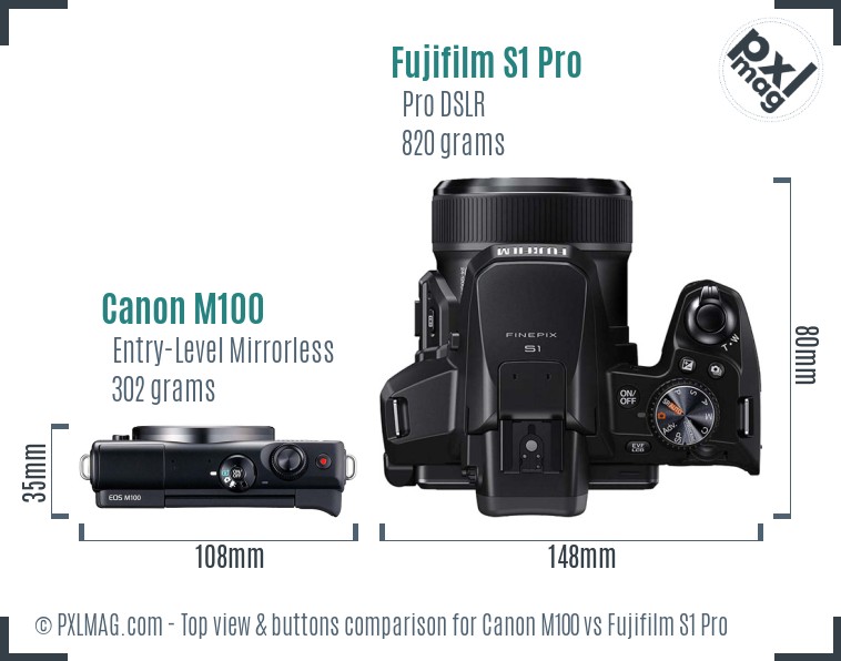 Canon M100 vs Fujifilm S1 Pro top view buttons comparison