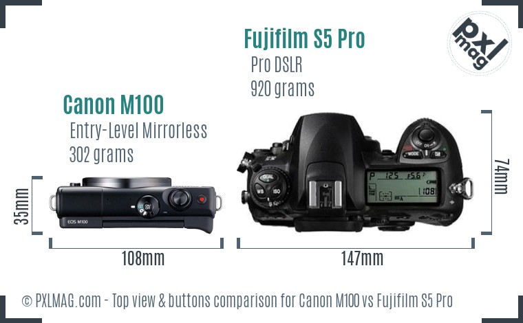 Canon M100 vs Fujifilm S5 Pro top view buttons comparison
