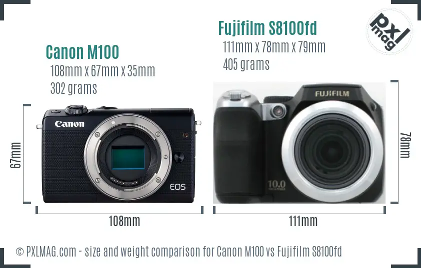Canon M100 vs Fujifilm S8100fd size comparison