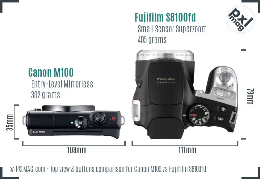 Canon M100 vs Fujifilm S8100fd top view buttons comparison