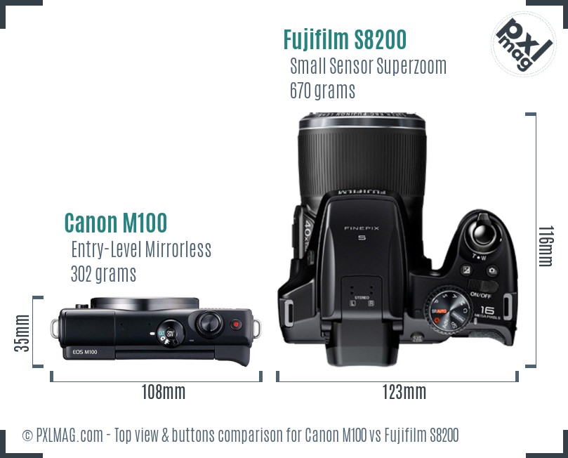 Canon M100 vs Fujifilm S8200 top view buttons comparison
