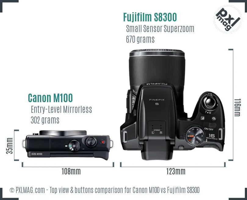 Canon M100 vs Fujifilm S8300 top view buttons comparison Canon M100 vs Fujifilm S8300 top view buttons comparison