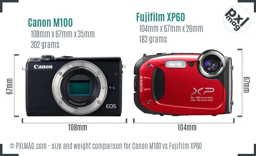 Canon M100 vs Fujifilm XP60 size comparison