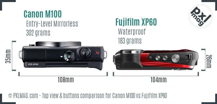 Canon M100 vs Fujifilm XP60 top view buttons comparison