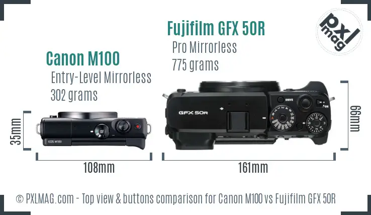 Canon M100 vs Fujifilm GFX 50R top view buttons comparison