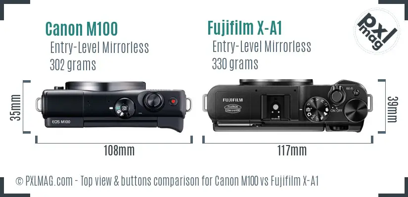 Canon M100 vs Fujifilm X-A1 top view buttons comparison