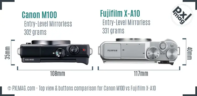 Canon M100 vs Fujifilm X-A10 top view buttons comparison