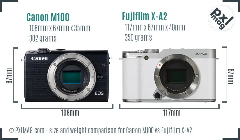 Canon M100 vs Fujifilm X-A2 size comparison