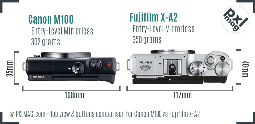 Canon M100 vs Fujifilm X-A2 top view buttons comparison