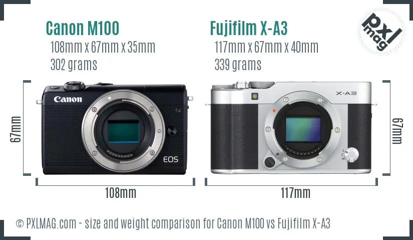 Canon M100 vs Fujifilm X-A3 size comparison