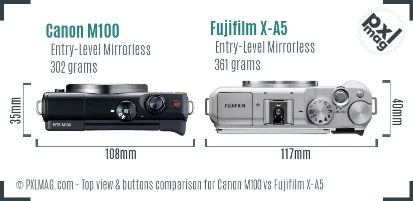 Canon M100 vs Fujifilm X-A5 top view buttons comparison