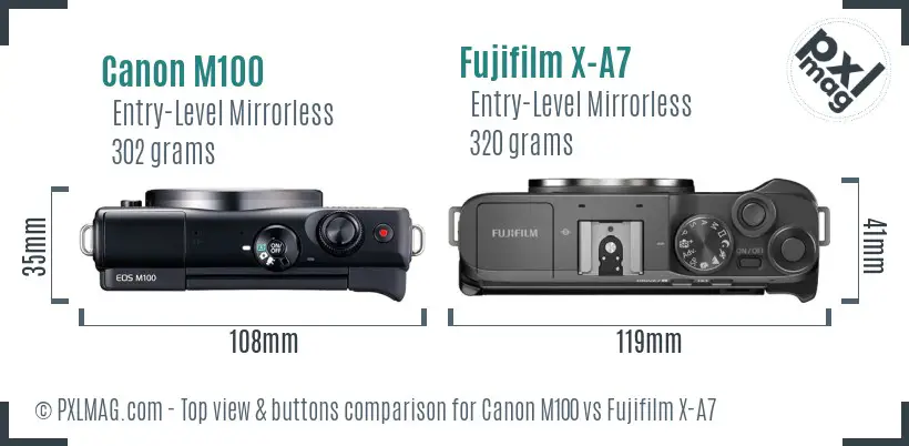 Canon M100 vs Fujifilm X-A7 top view buttons comparison