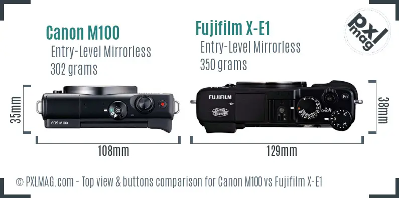 Canon M100 vs Fujifilm X-E1 top view buttons comparison