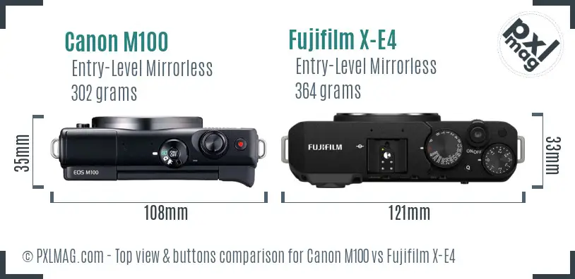 Canon M100 vs Fujifilm X-E4 top view buttons comparison