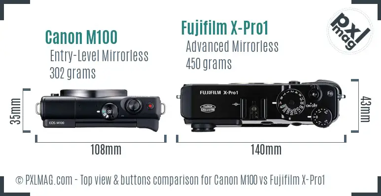 Canon M100 vs Fujifilm X-Pro1 top view buttons comparison