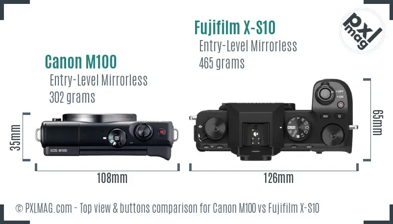 Canon M100 vs Fujifilm X-S10 top view buttons comparison