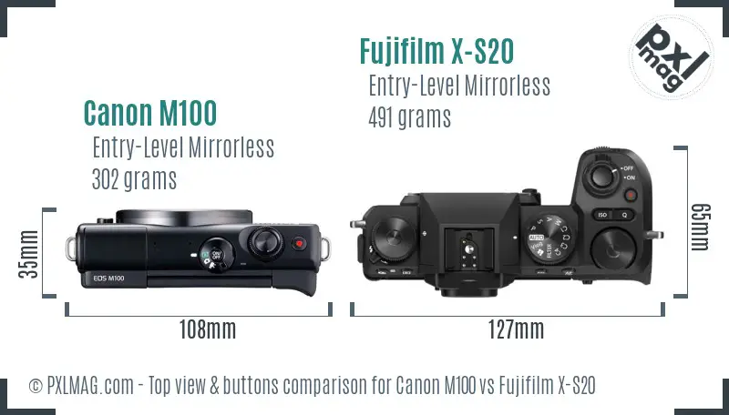 Canon M100 vs Fujifilm X-S20 top view buttons comparison