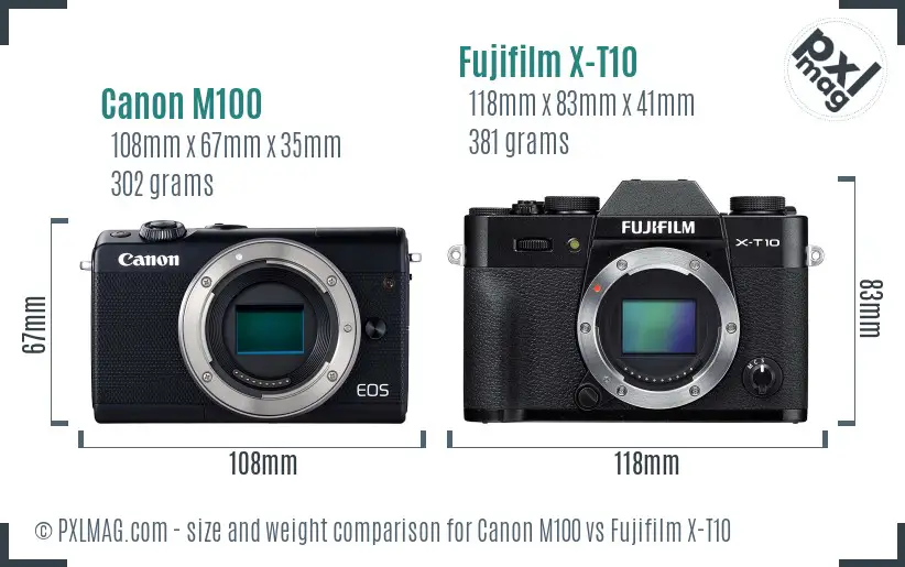 Canon M100 vs Fujifilm X-T10 size comparison