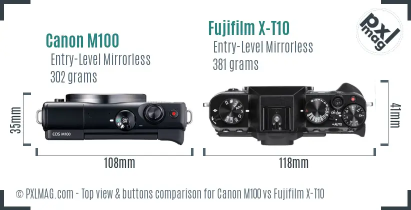 Canon M100 vs Fujifilm X-T10 top view buttons comparison