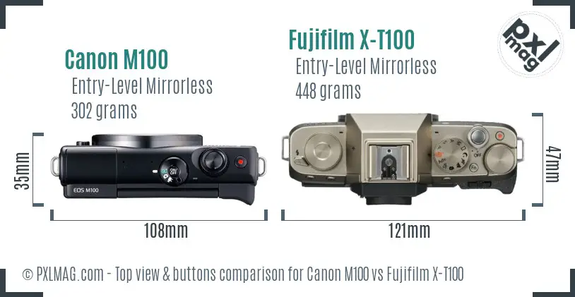 Canon M100 vs Fujifilm X-T100 top view buttons comparison