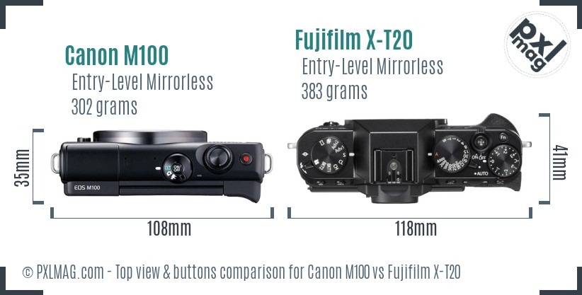 Canon M100 vs Fujifilm X-T20 top view buttons comparison