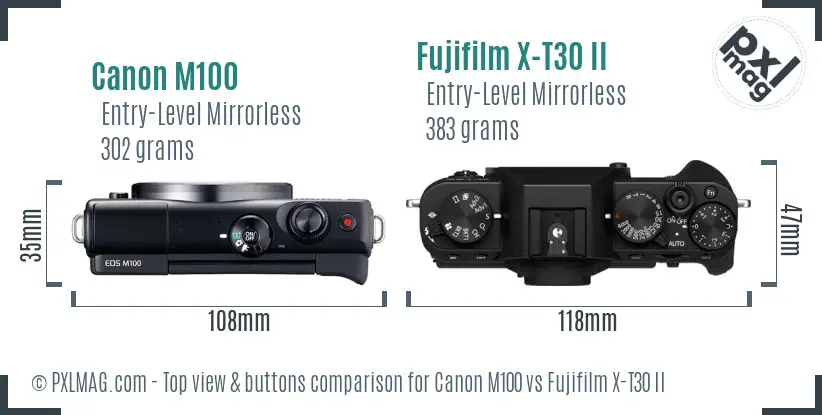 Canon M100 vs Fujifilm X-T30 II top view buttons comparison