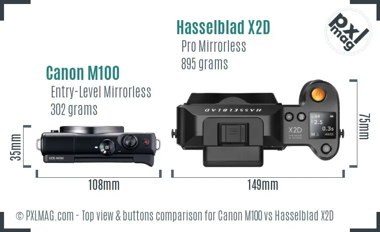 Canon M100 vs Hasselblad X2D top view buttons comparison Canon M100 vs Hasselblad X2D top view buttons comparison
