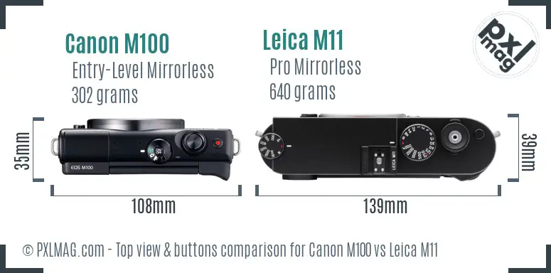 Canon M100 vs Leica M11 top view buttons comparison Canon M100 vs Leica M11 top view buttons comparison