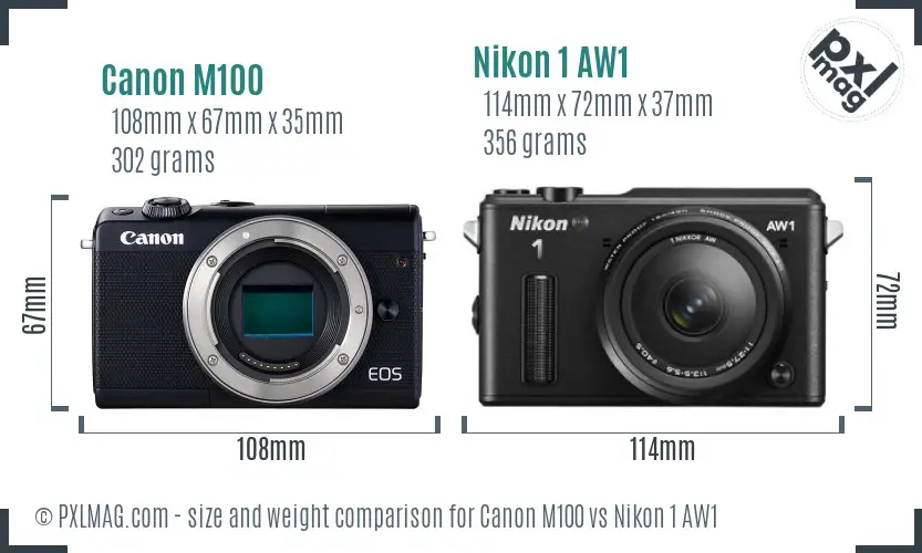 Canon M100 vs Nikon 1 AW1 size comparison