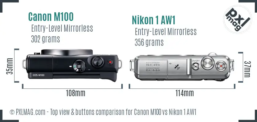 Canon M100 vs Nikon 1 AW1 top view buttons comparison