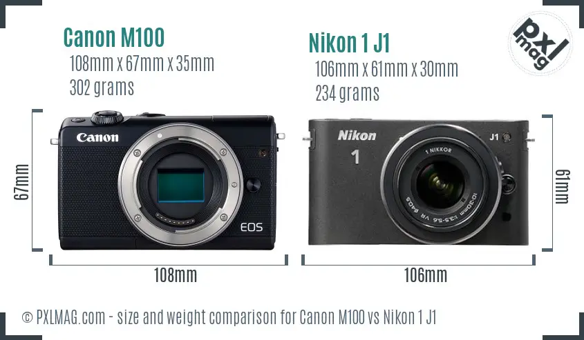 Canon M100 vs Nikon 1 J1 size comparison