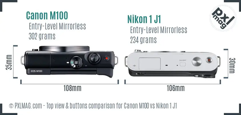 Canon M100 vs Nikon 1 J1 top view buttons comparison