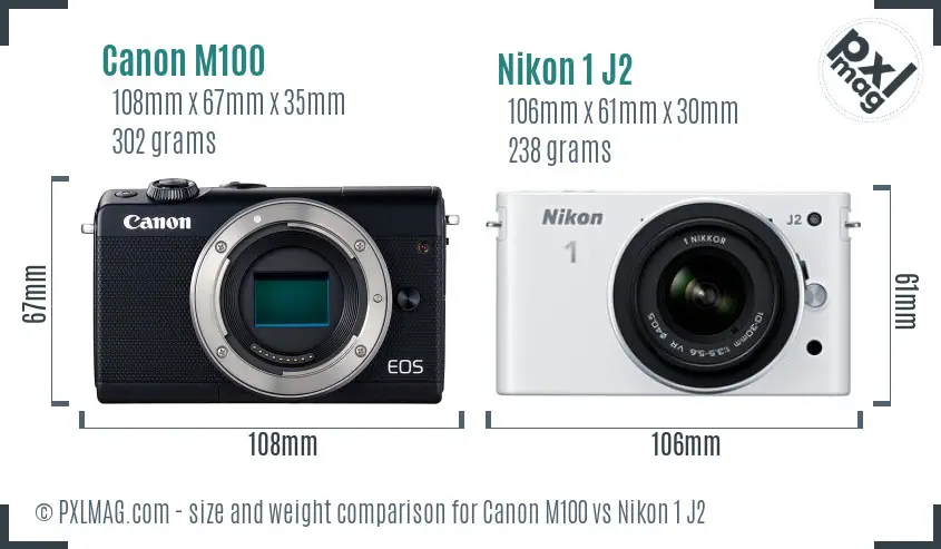 Canon M100 vs Nikon 1 J2 size comparison