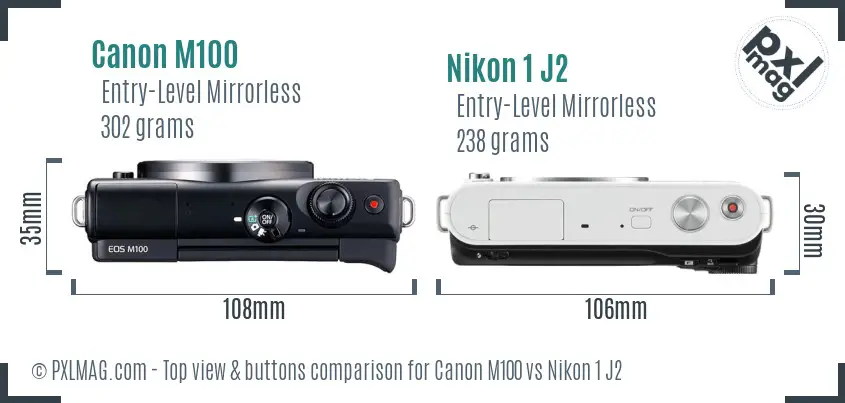 Canon M100 vs Nikon 1 J2 top view buttons comparison