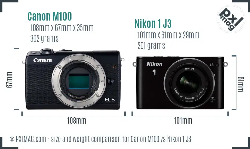Canon M100 vs Nikon 1 J3 size comparison