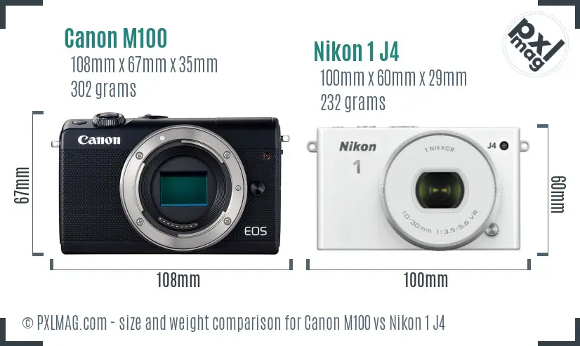 Canon M100 vs Nikon 1 J4 size comparison