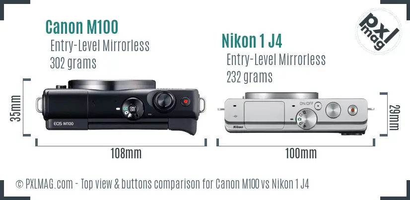 Canon M100 vs Nikon 1 J4 top view buttons comparison