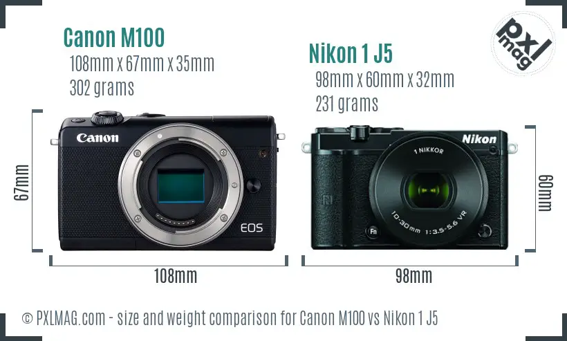 Canon M100 vs Nikon 1 J5 size comparison