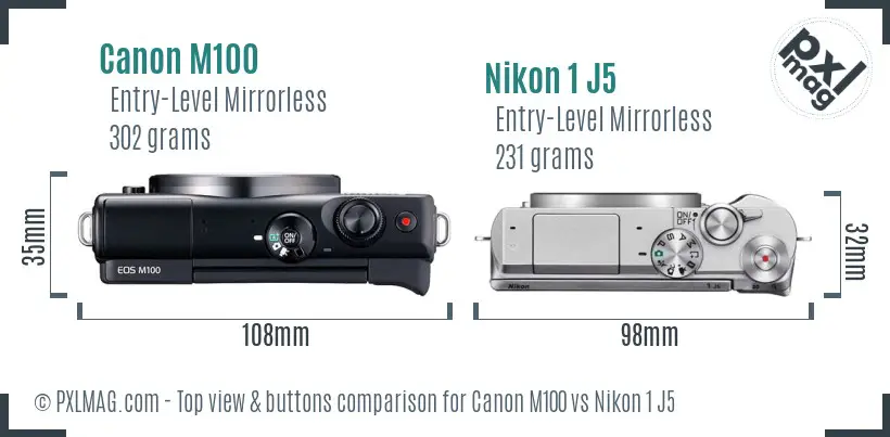 Canon M100 vs Nikon 1 J5 top view buttons comparison