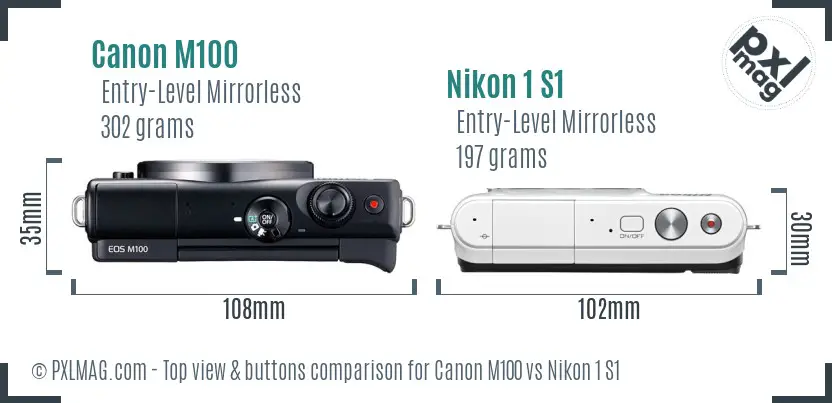 Canon M100 vs Nikon 1 S1 top view buttons comparison