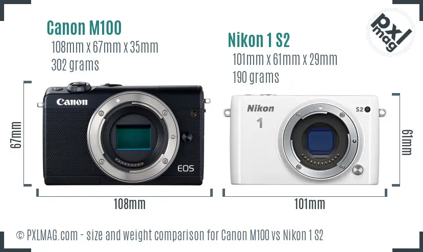 Canon M100 vs Nikon 1 S2 size comparison