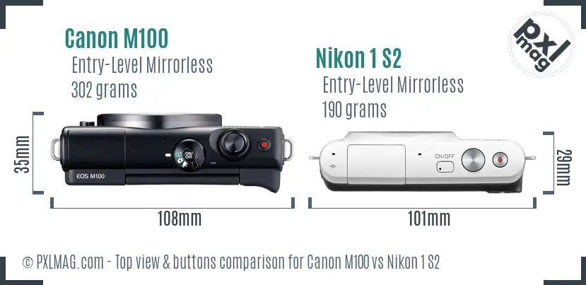Canon M100 vs Nikon 1 S2 top view buttons comparison